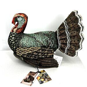 John Derian Beaded Sequin Pillow Fall Turkey Shaped Thanksgiving 15 x 17 x 16"